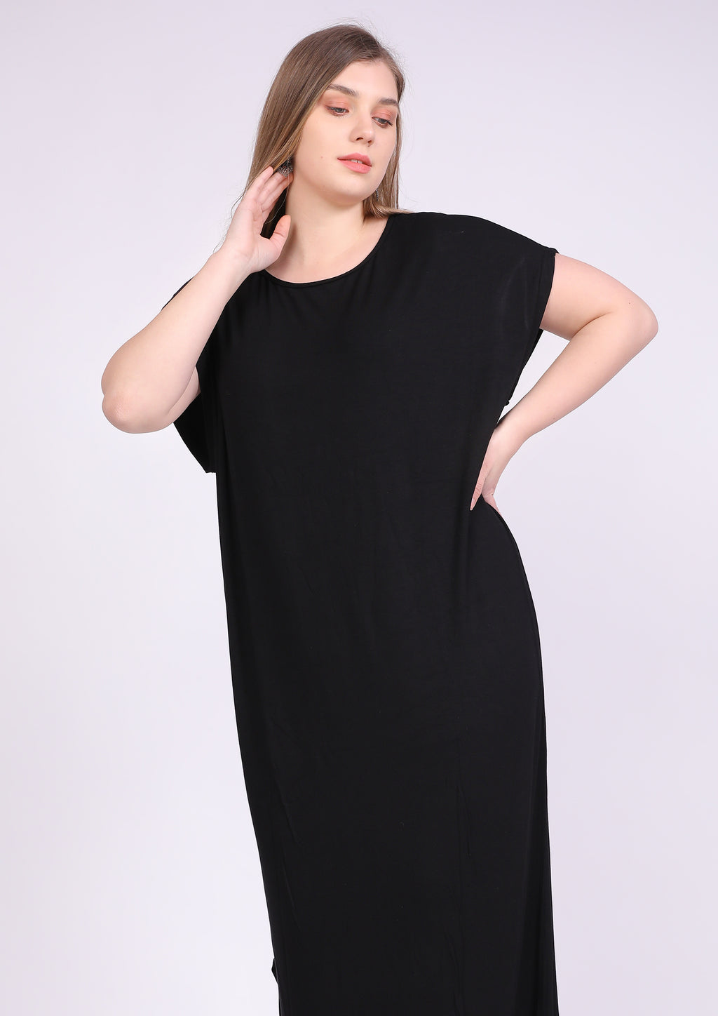 Natural viscose abaya, short sleeve, wide neck, black