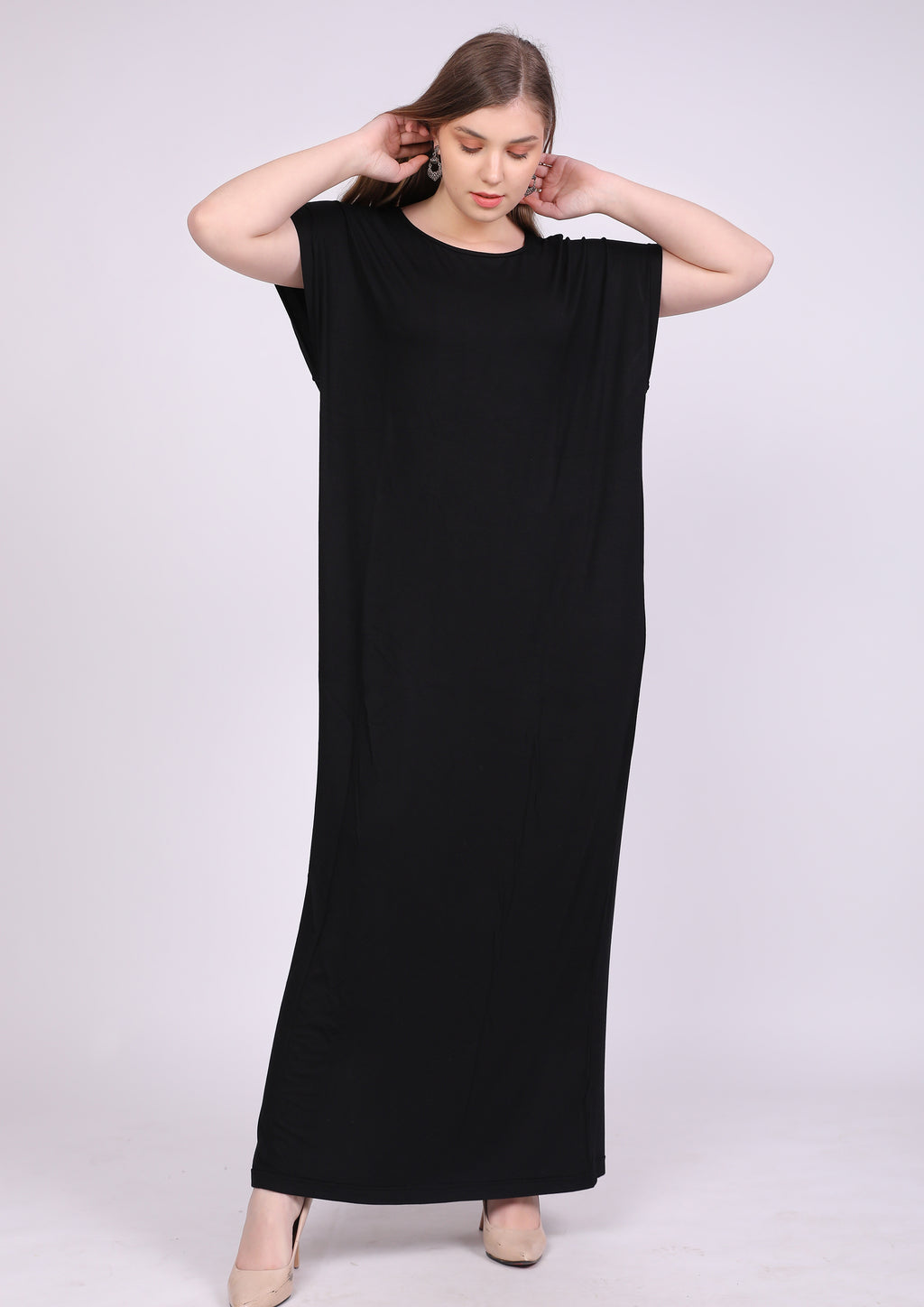 Natural viscose abaya, short sleeve, wide neck, black
