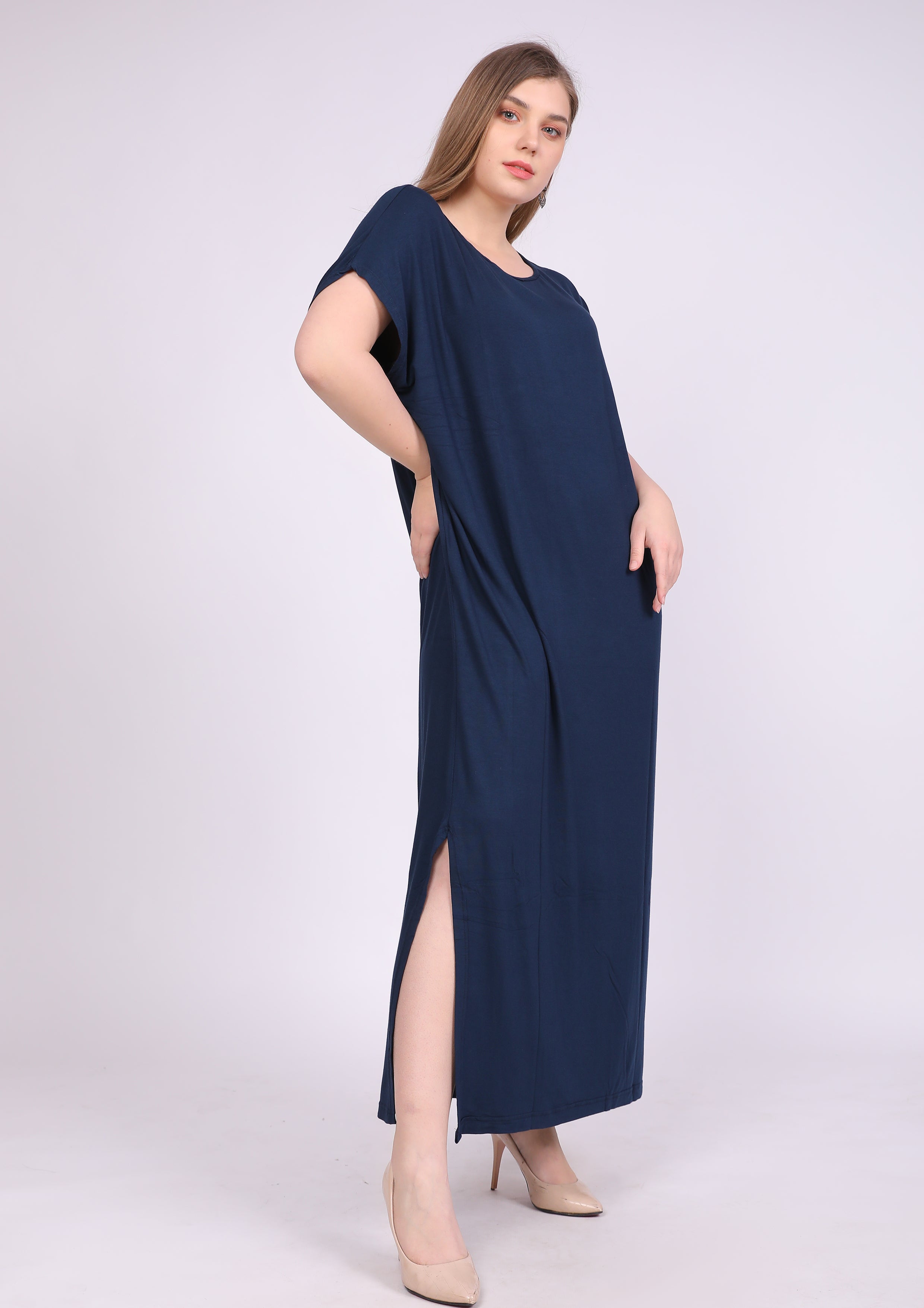 عباية فسكوز طبيعي كم قصير برقبة واسعة كحلي