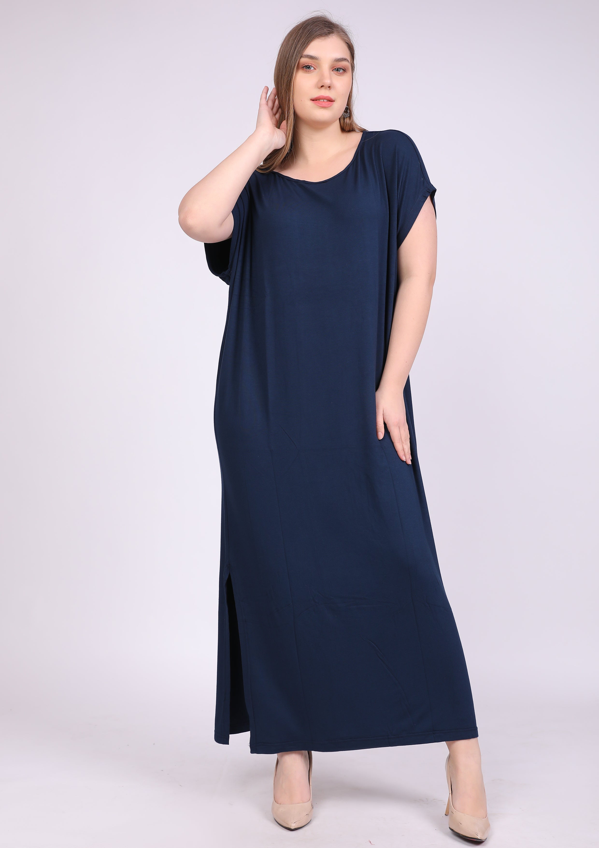 عباية فسكوز طبيعي كم قصير برقبة واسعة كحلي