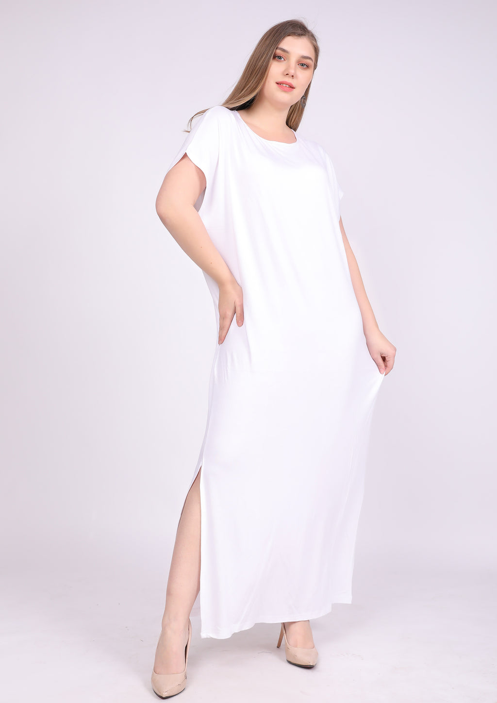 Natural viscose abaya, short sleeve, wide neck, white