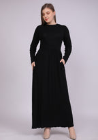 فستان فسكوز طبيعي بأستك من الوسط و جيوب أسود