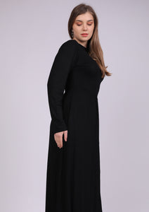 فستان فسكوز طبيعي بأستك من الوسط و جيوب أسود