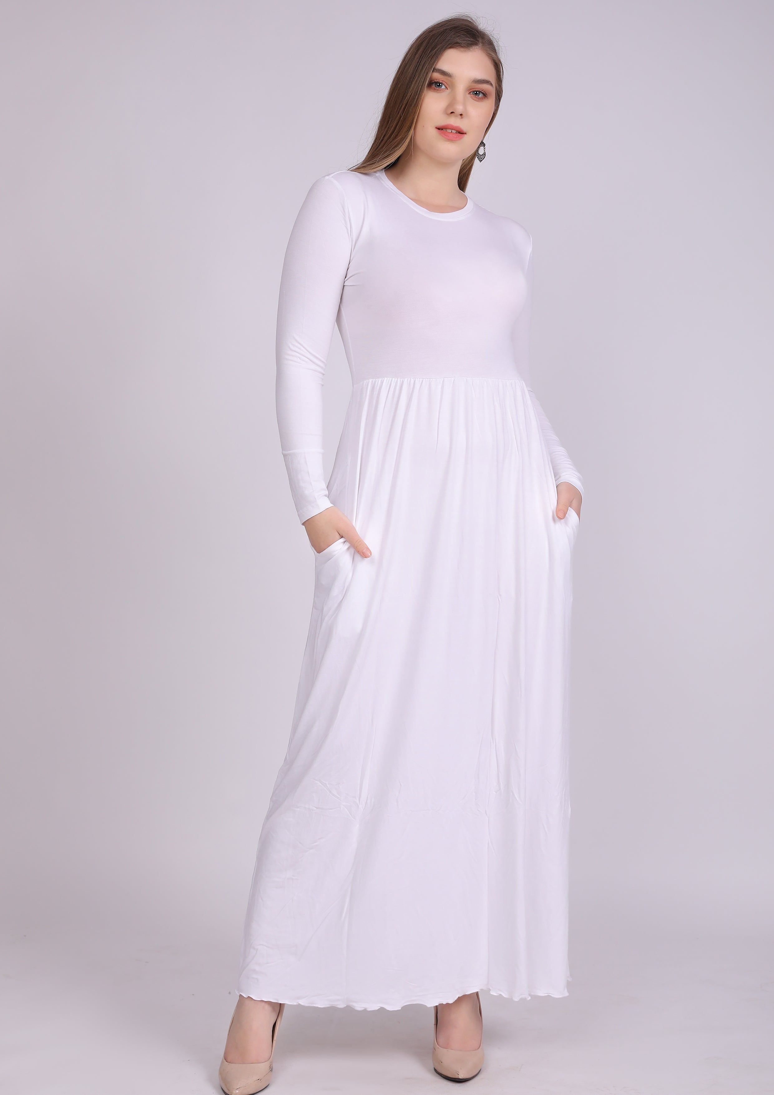 Natural viscose dress with elastic waist and pockets, white