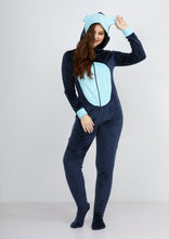 Load image into Gallery viewer, Blue navy with blue sky Heidi hood jumpsuit with lining on both sides