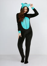 Load image into Gallery viewer, Black and turquoise Heidi hood jumpsuit  with lining on both sides