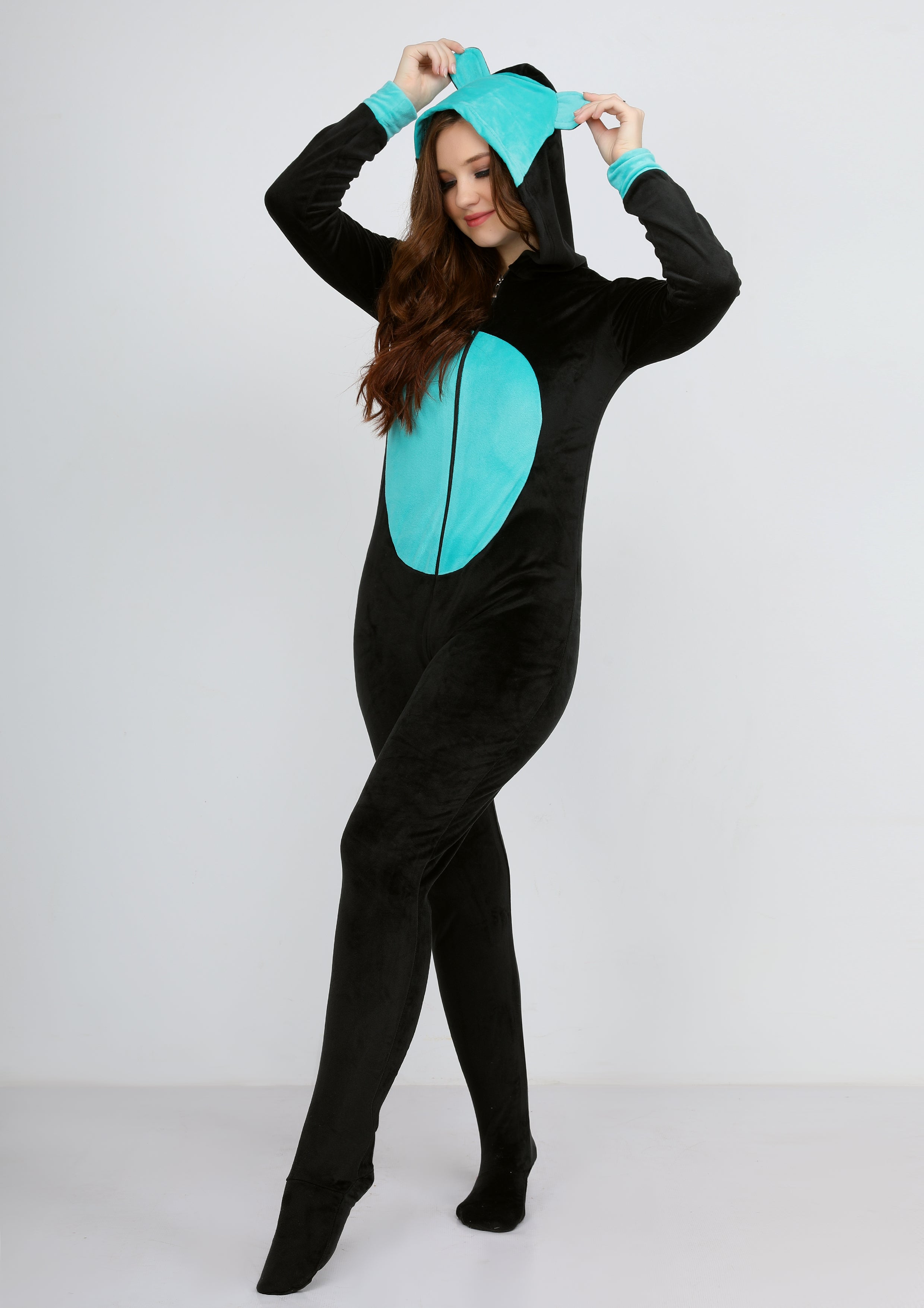 Black and turquoise Heidi hood jumpsuit  with lining on both sides