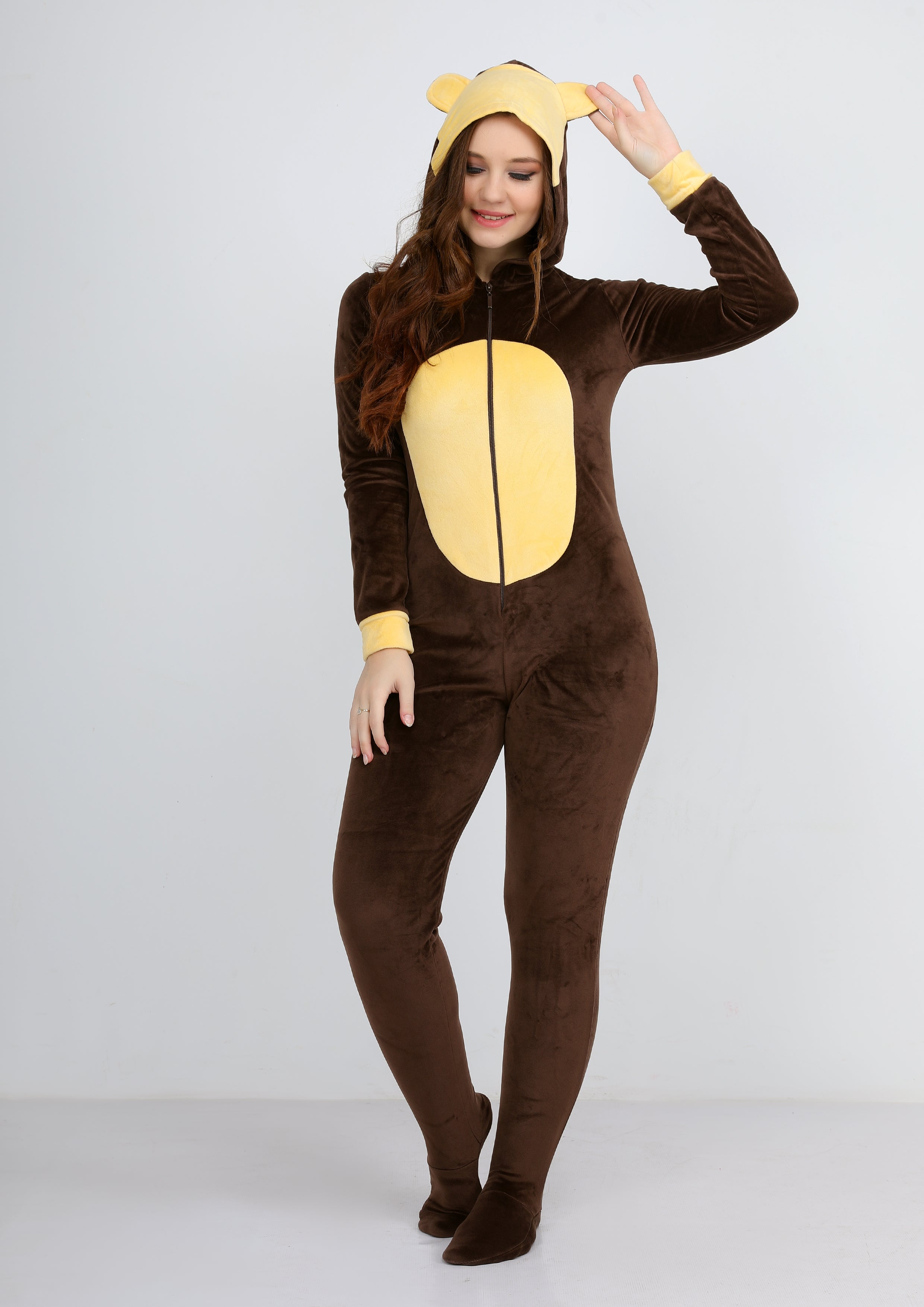 Brown and yellow Heidi hood jumpsuit with lining on both sides
