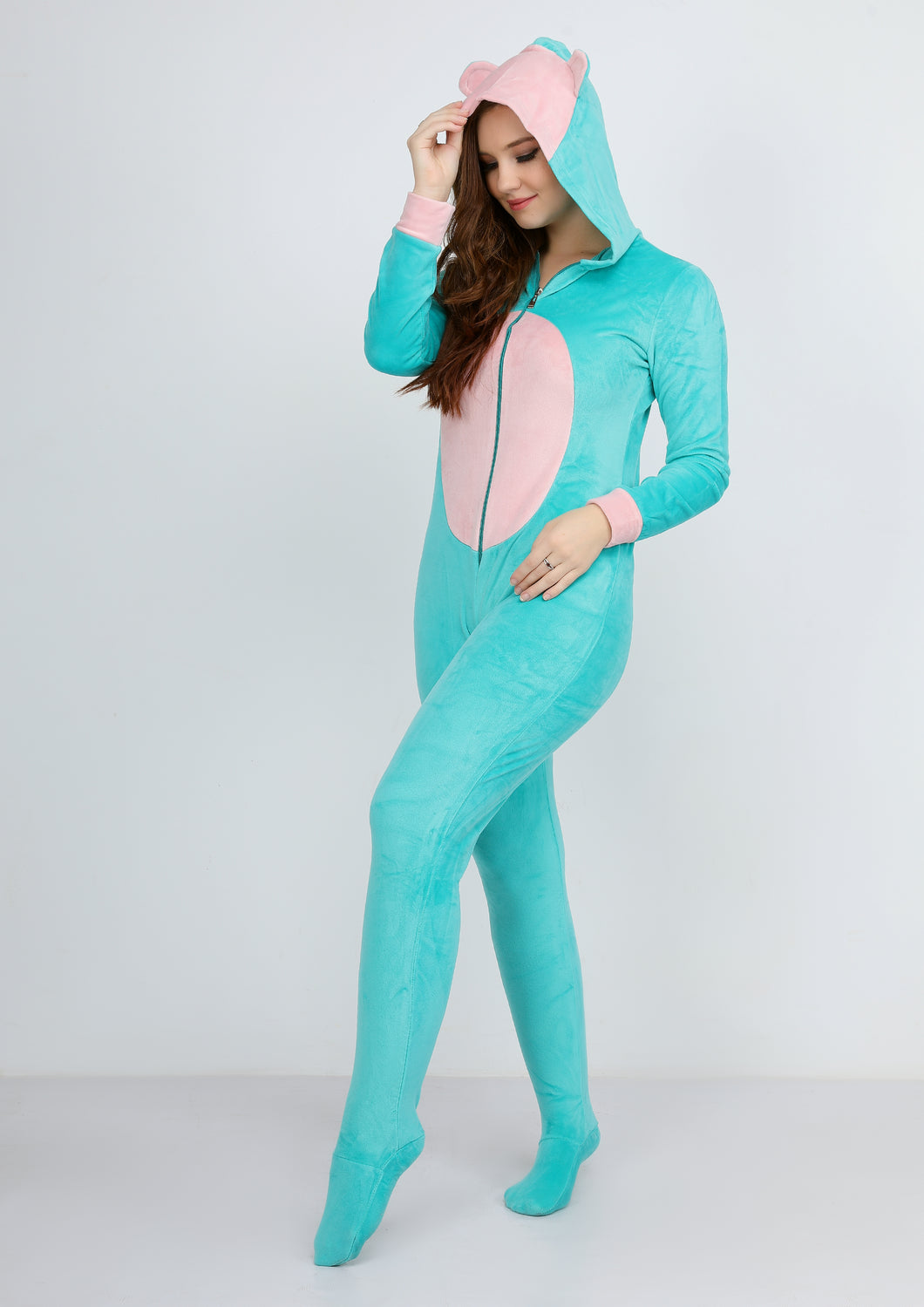 Turquoise and pink Heidi hood jumpsuit with lining on both sides
