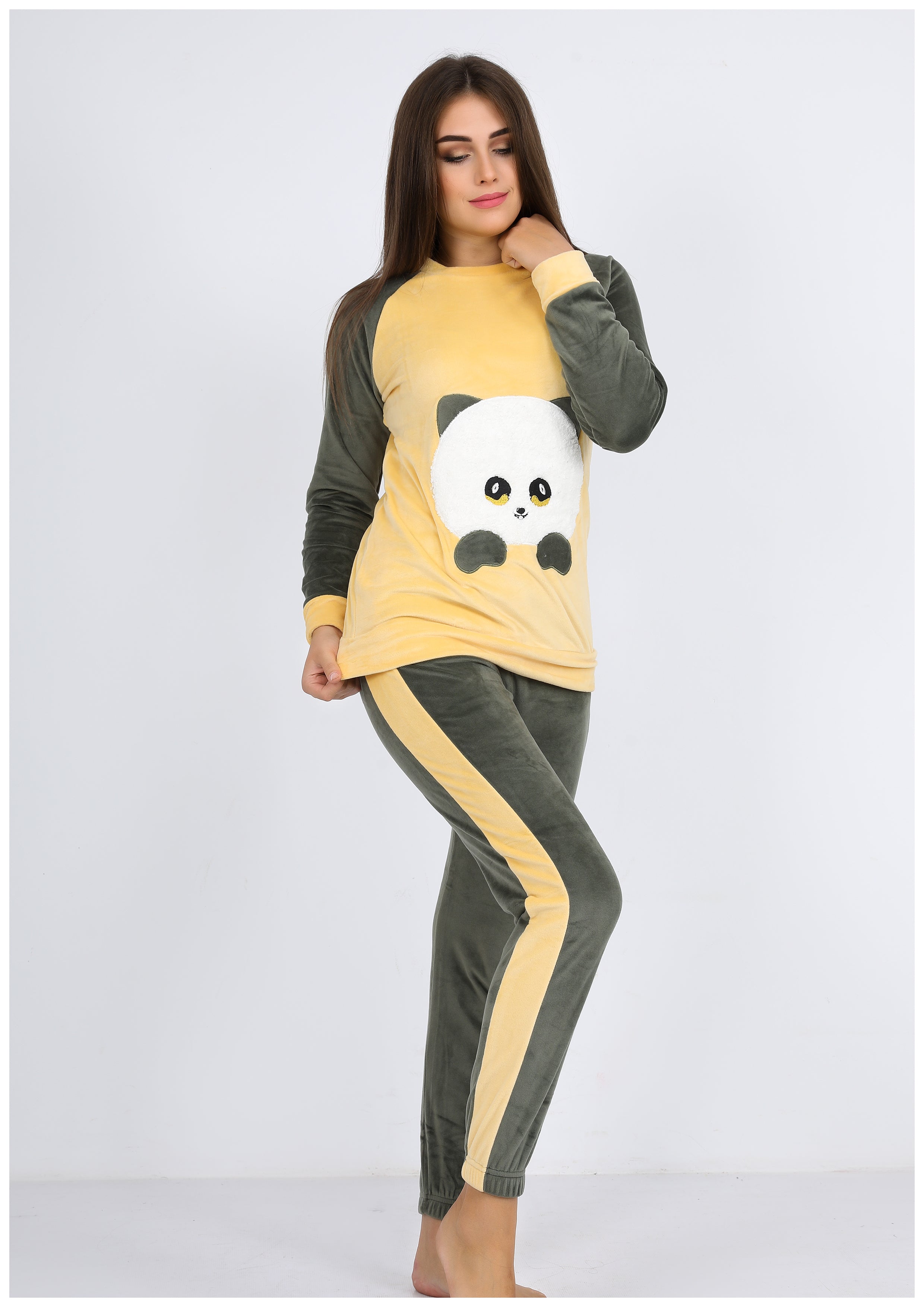 Pyjama heidi jaune à doublure des deux faces avec motif panda sur la poitrine