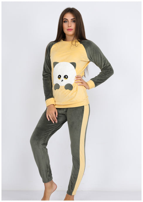 Pyjama heidi jaune à doublure des deux faces avec motif panda sur la poitrine
