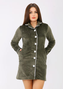 Short Olive Heidi dress with lining on both sides and buttons