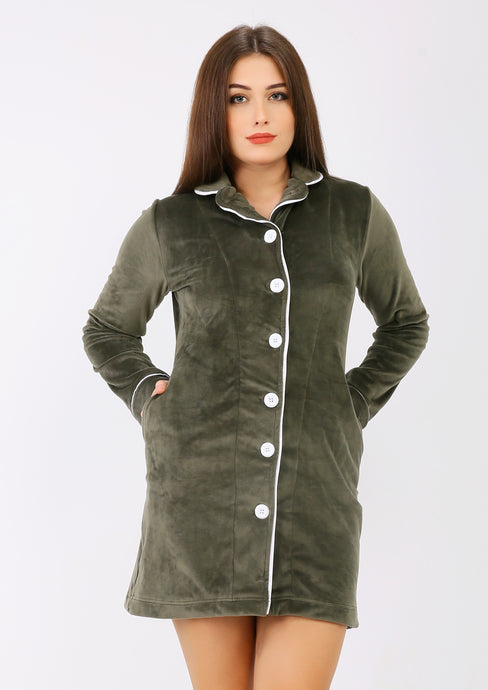 Short Olive Heidi dress with lining on both sides and buttons