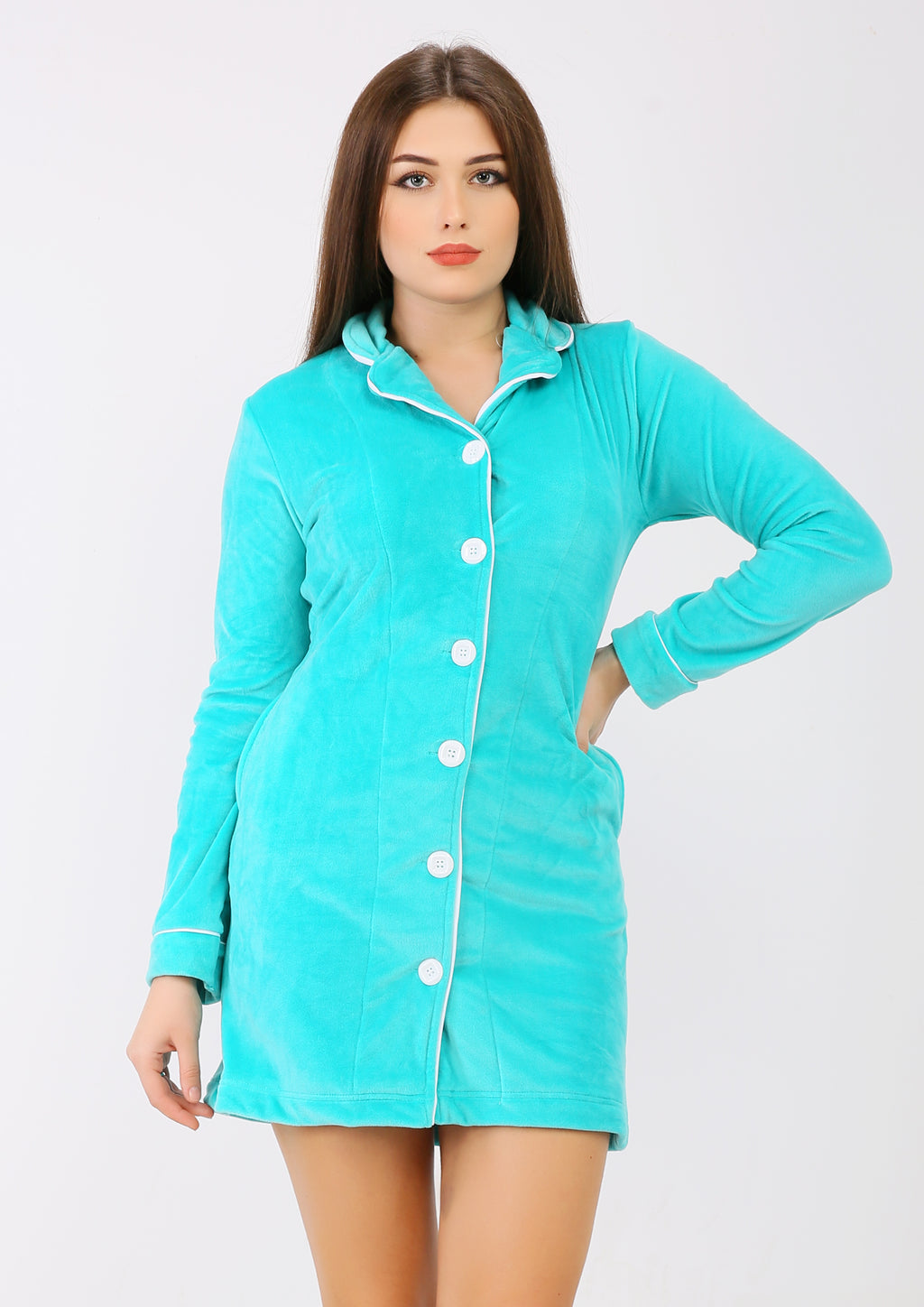 Robe courte heidi  à doublure des deux faces avec boutons turquoise