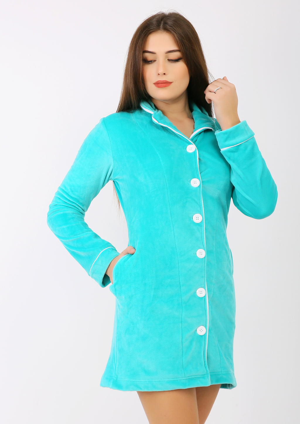 Robe courte heidi  à doublure des deux faces avec boutons turquoise
