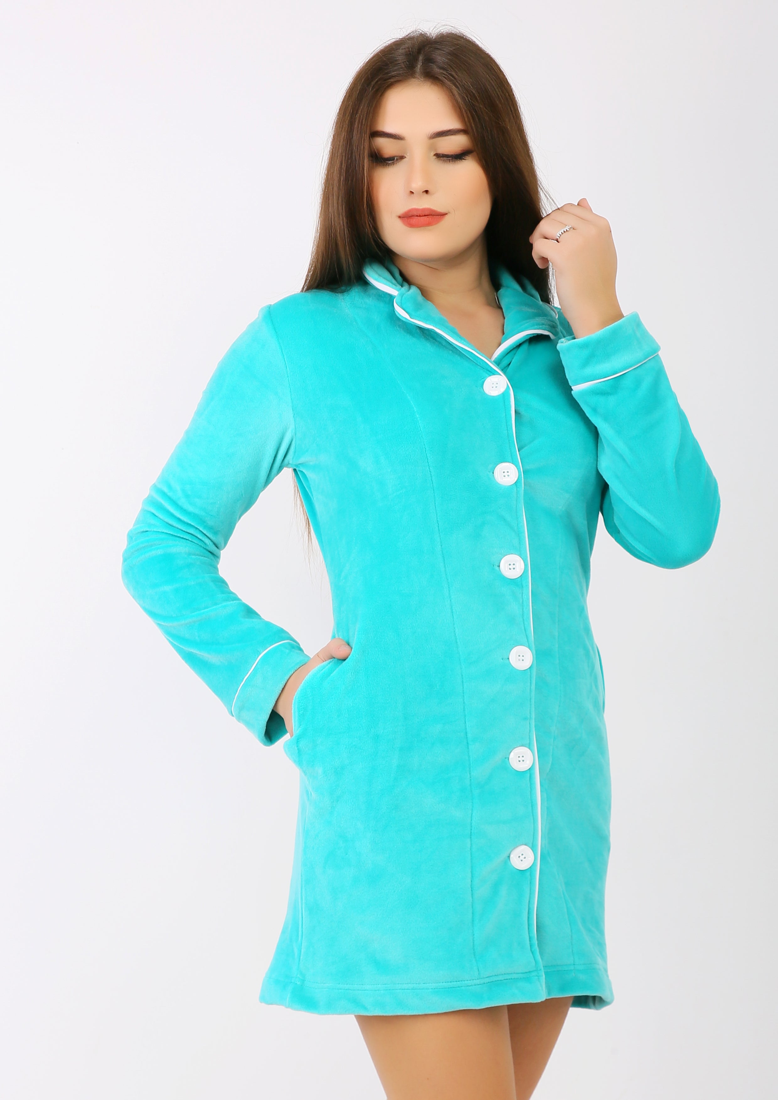 Robe courte heidi  à doublure des deux faces avec boutons turquoise
