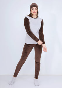 Brown and gray warm Heidi pajamas 4-pieces set  with double-sided lining