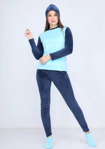 Blue navy and blue sky warm Heidi pajamas 4-pieces set  with double-sided lining