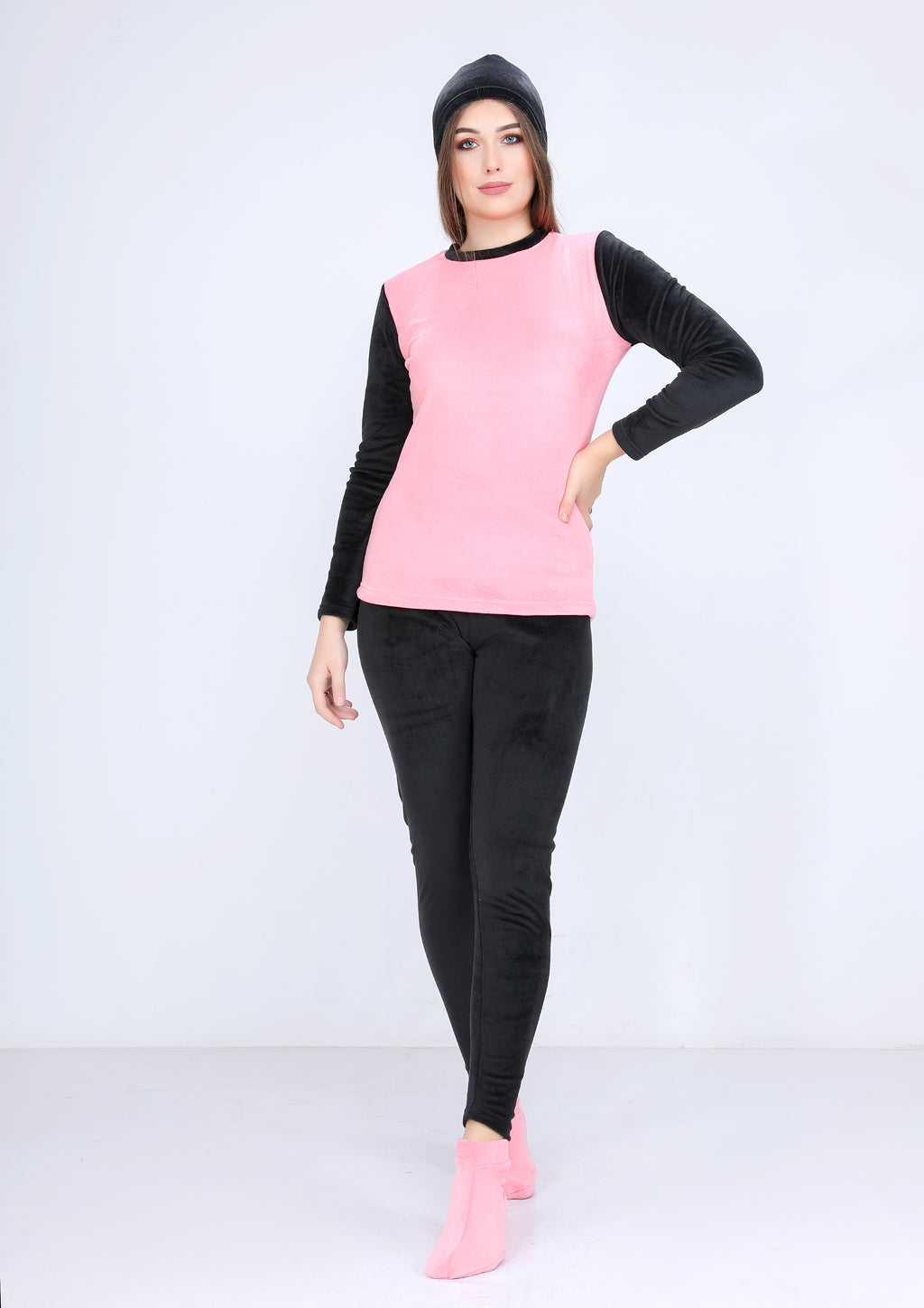 Black and pink warm Heidi pajamas 4-pieces set  with double-sided lining