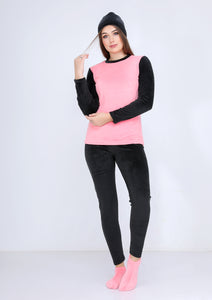 Black and pink warm Heidi pajamas 4-pieces set  with double-sided lining