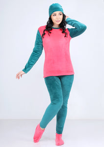 Petrol and dark pink warm Heidi pajamas 4-pieces set  with double-sided lining