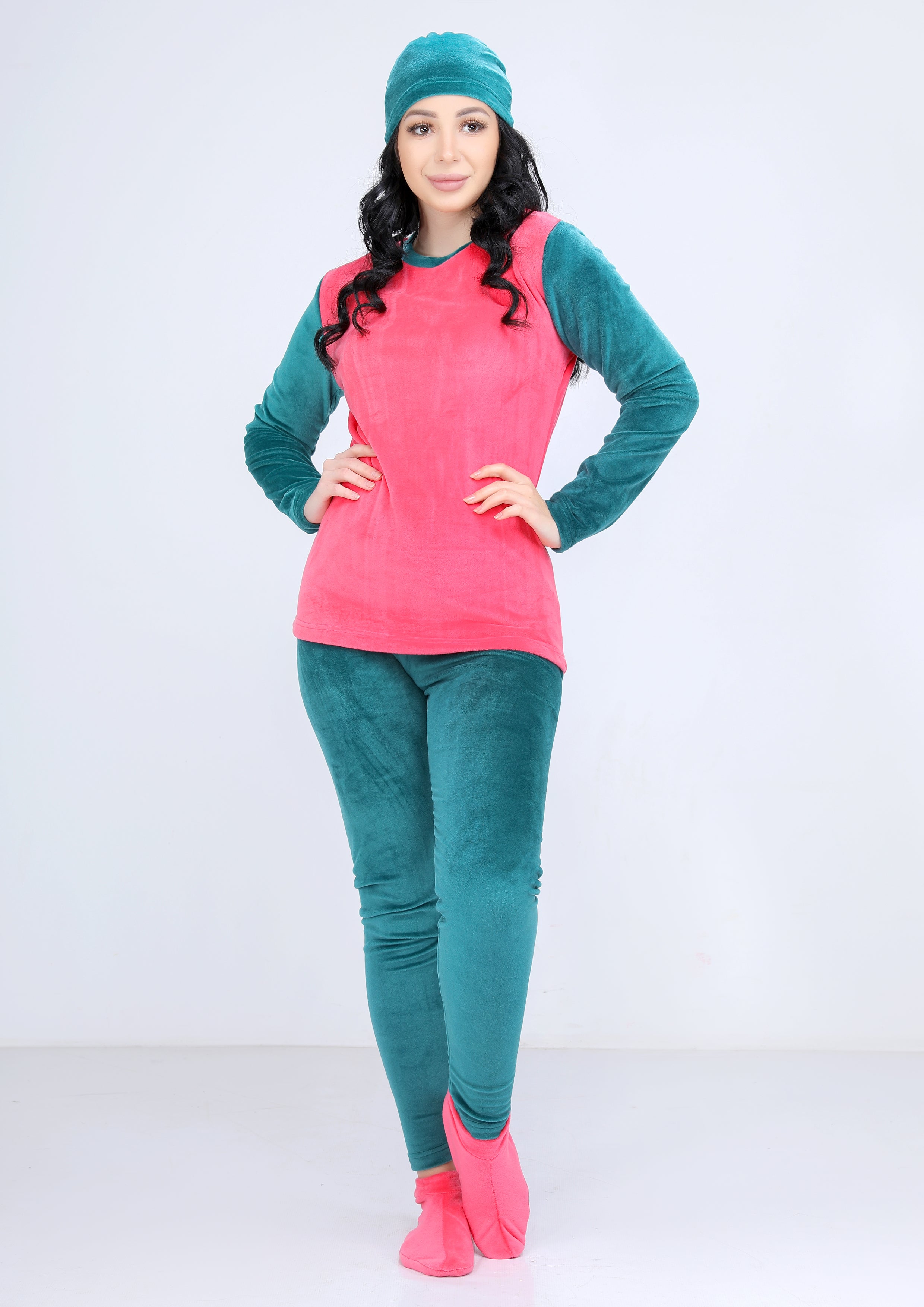 Petrol and dark pink warm Heidi pajamas 4-pieces set  with double-sided lining