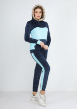 Load image into Gallery viewer, Blue navy and blue sky fur heidi pajamas with double-sided lining and hood