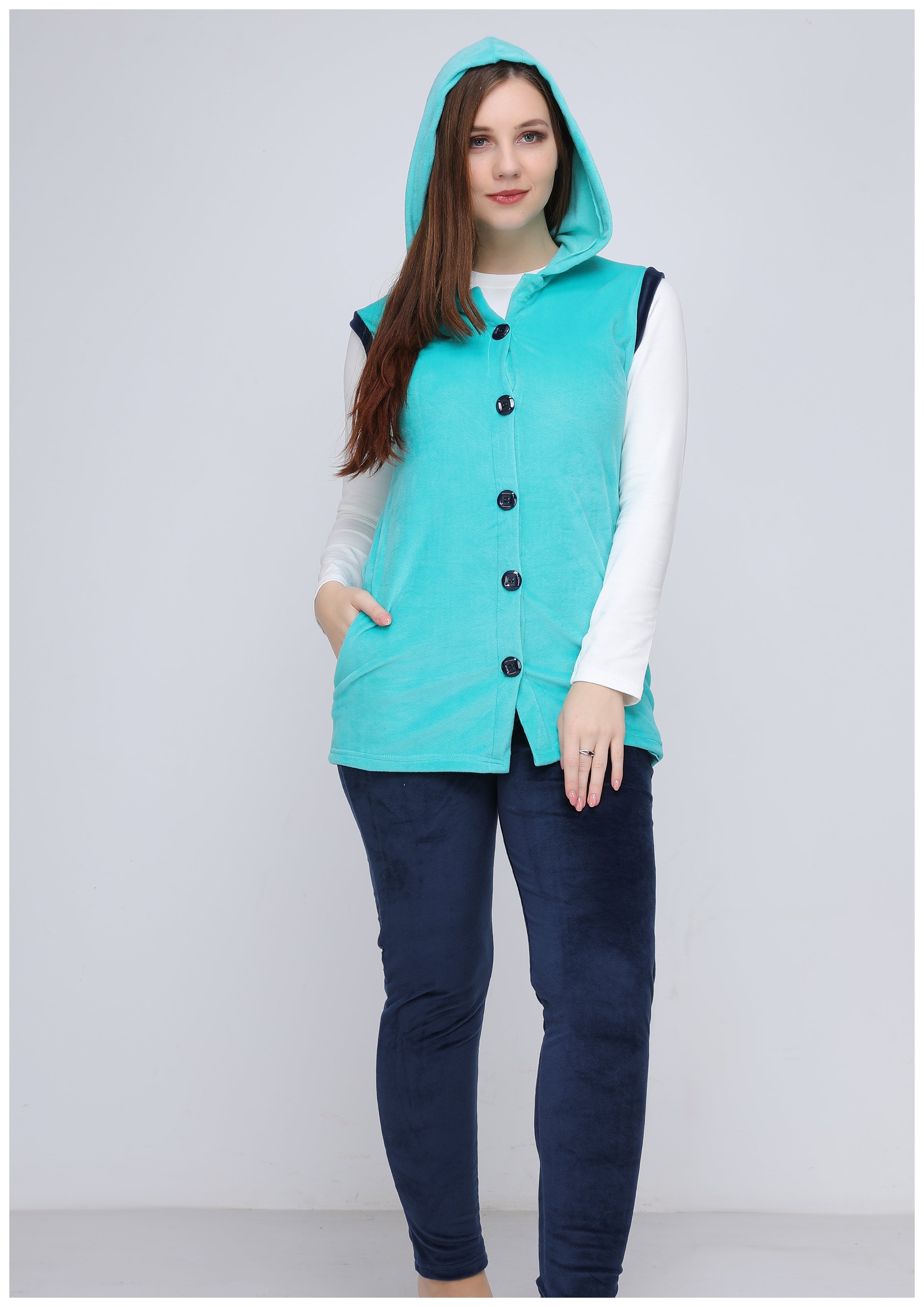 Pyjama 3 pièces heidi turquoise et bleu marine à doublure des deux faces avec capuchon et boutons
