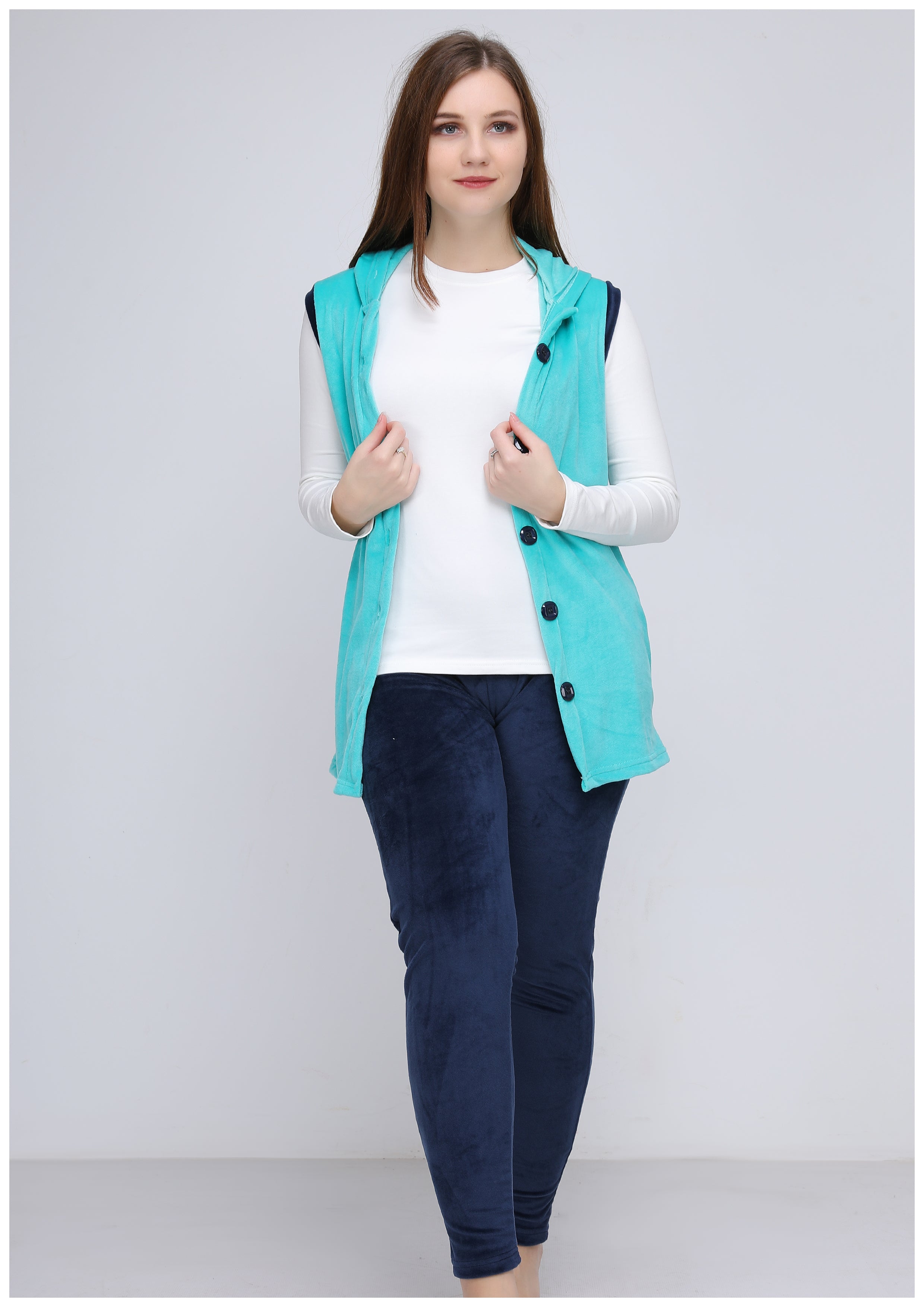 Pyjama 3 pièces heidi turquoise et bleu marine à doublure des deux faces avec capuchon et boutons