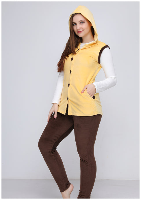 Yellow and brown Heidi pyjamas 3-pieces set with double-sided lining, hood and buttons