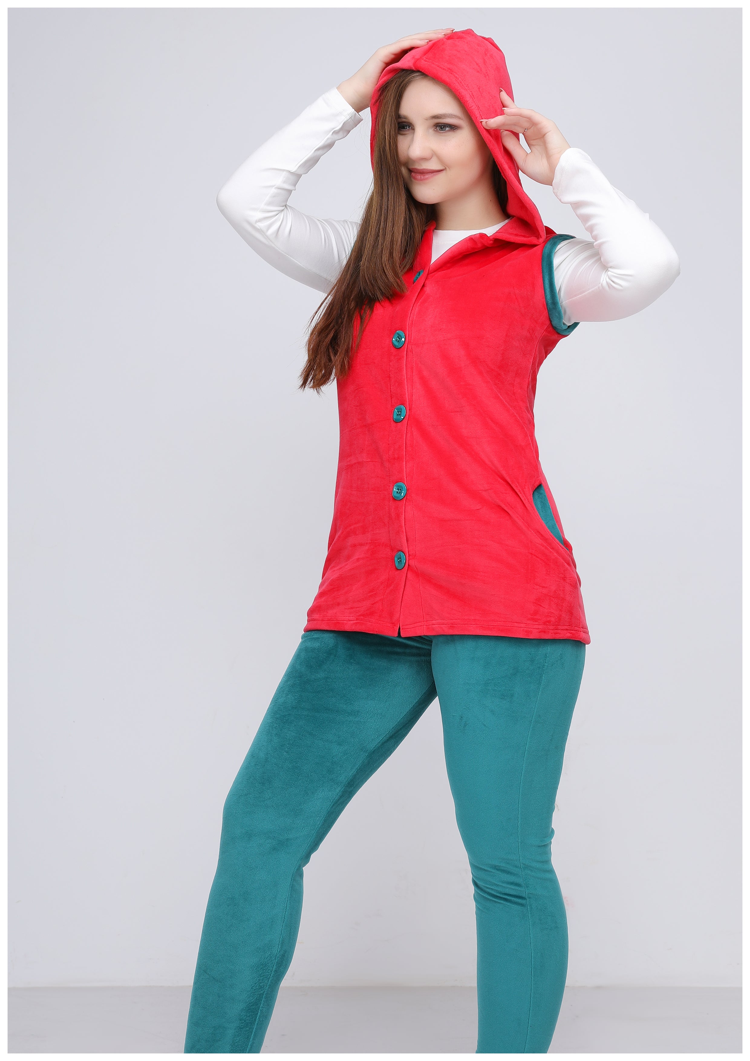 Pyjama 3 pièces heidi fuschia et pétrole à doublure des deux faces avec capuchon et boutons