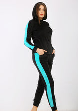 Load image into Gallery viewer, Black and turquoise heidi pajamas with double-sided lining, a hood and two outer lines
  
