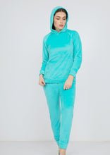 Load image into Gallery viewer, Turquoise Heidi pajamas with plain double-sided lining with thin white stripe and hood