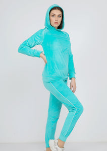 Turquoise Heidi pajamas with plain double-sided lining with thin white stripe and hood