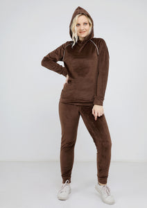 Brown Heidi pajamas with plain double-sided lining and thin white stripe and hood