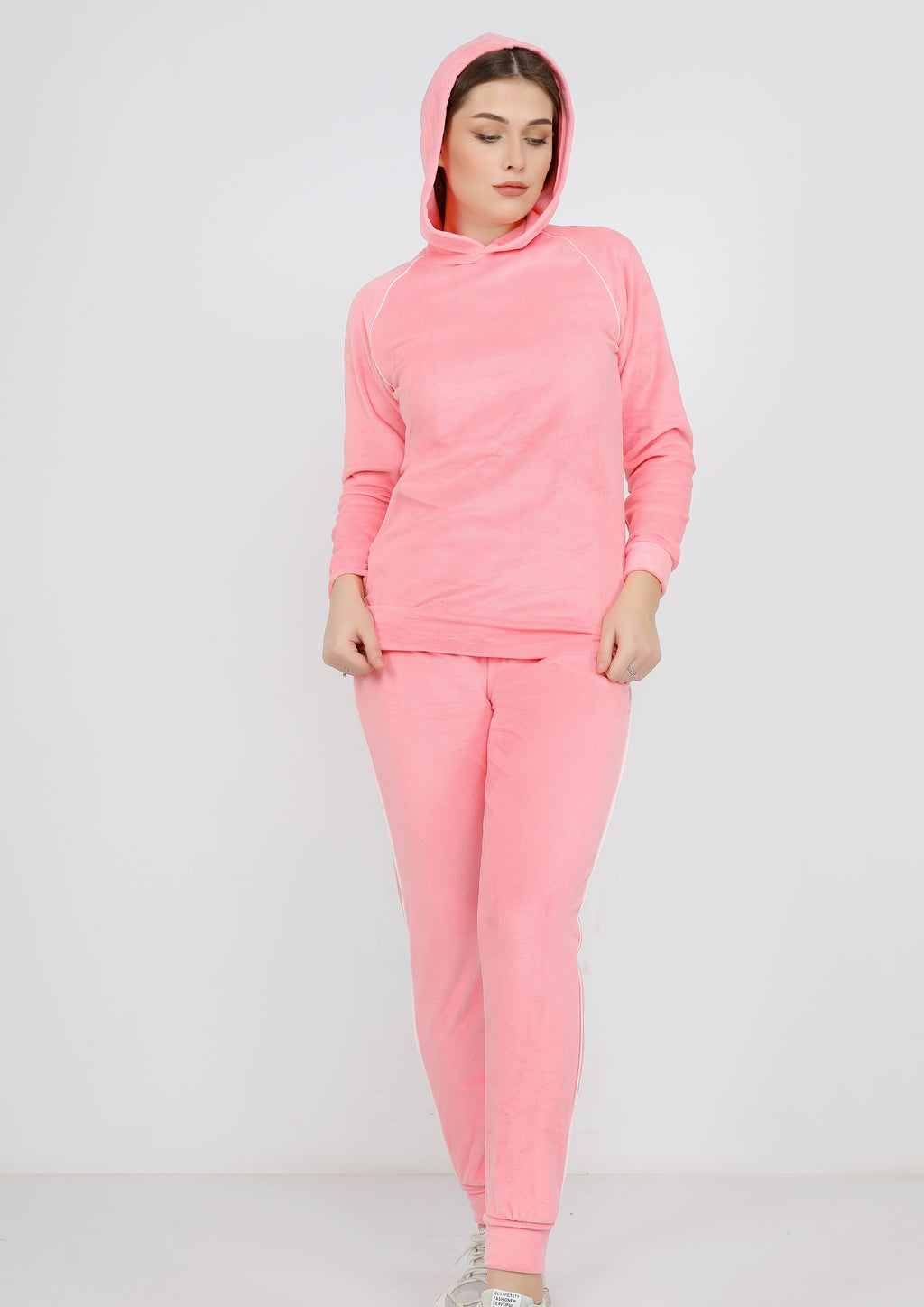 Pyjama heidi à doublure des deux faces uni avec bande blanche mince et capuchon - rose