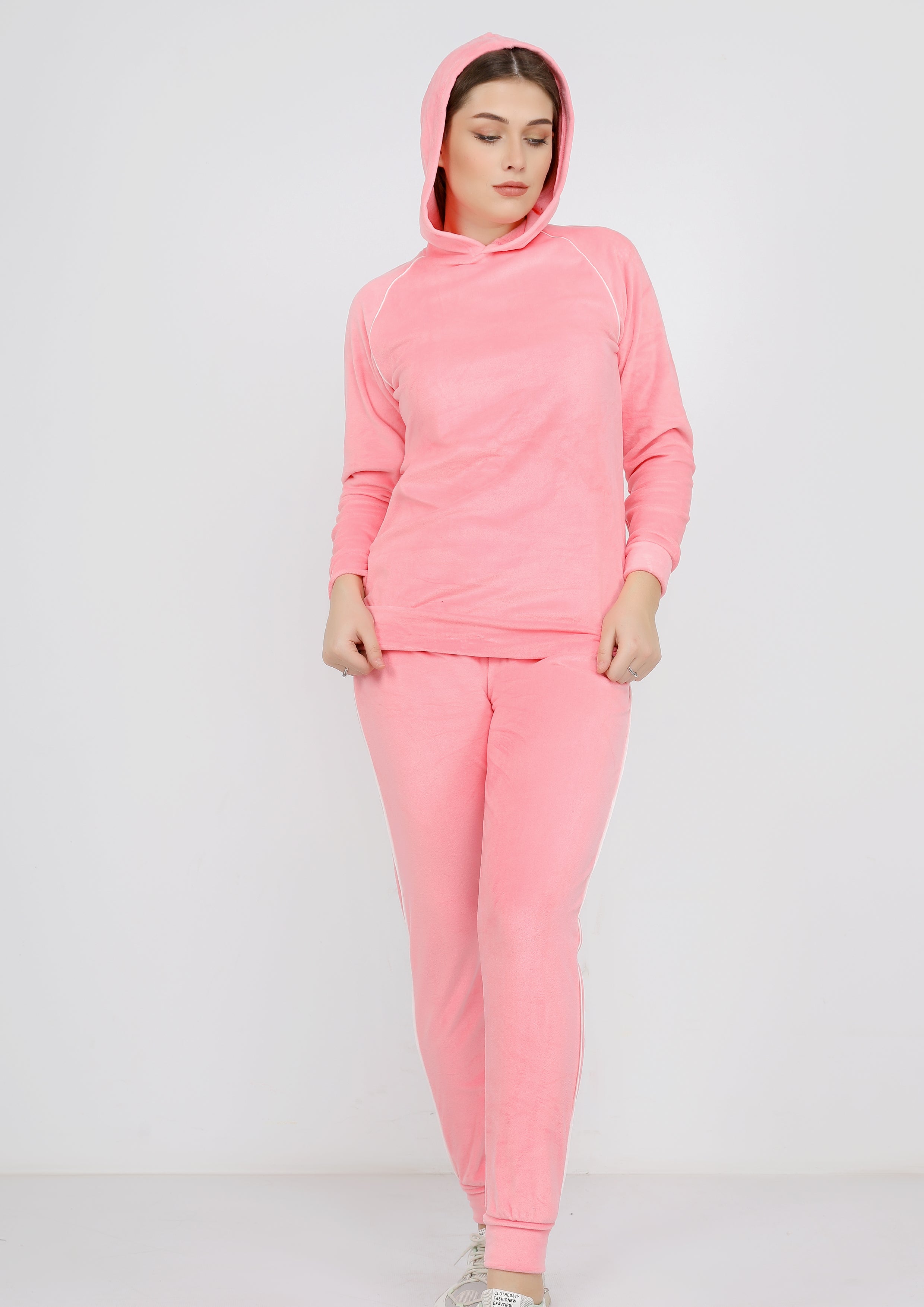 Pyjama heidi à doublure des deux faces uni avec bande blanche mince et capuchon - rose