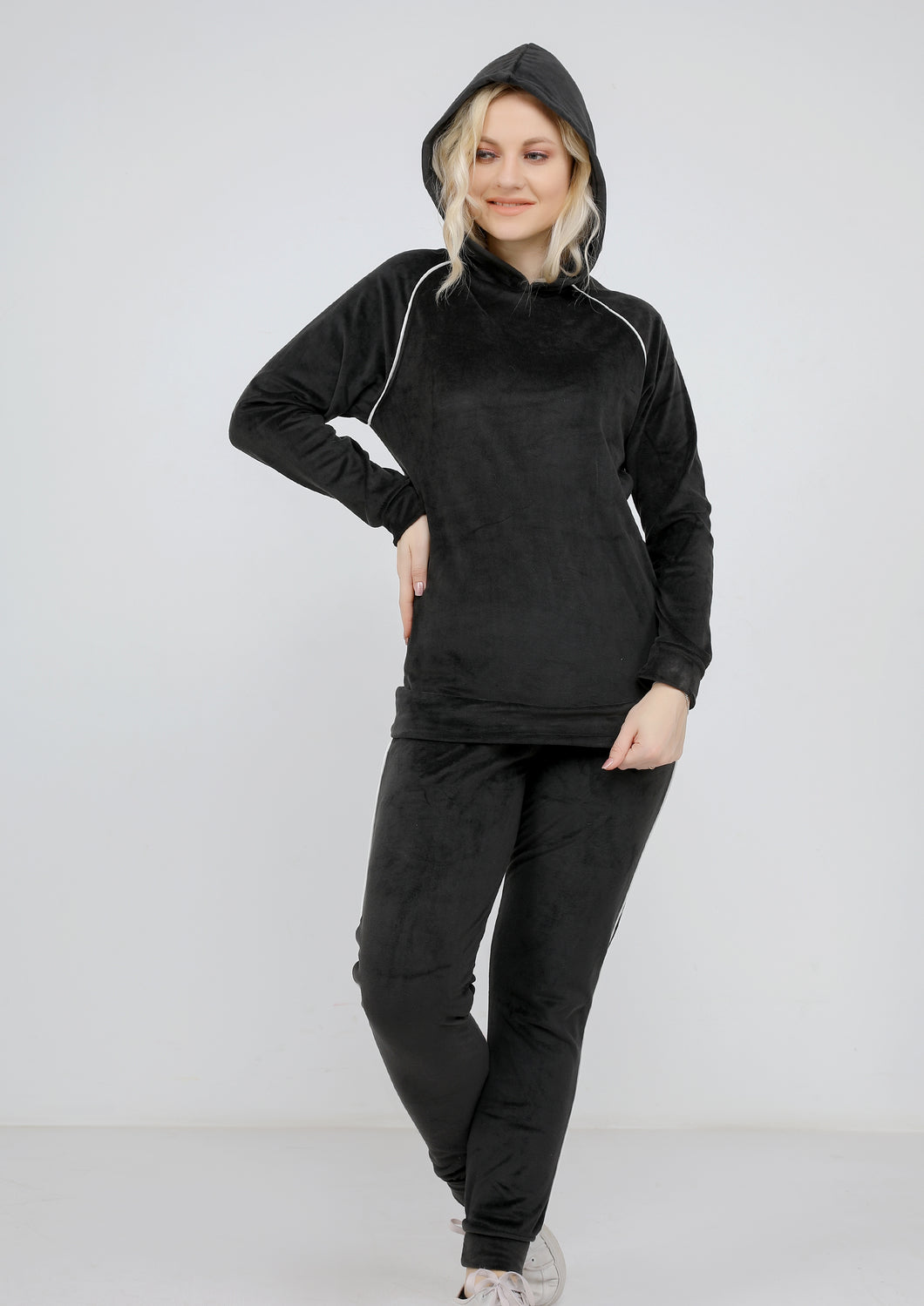 Black Heidi pajamas with plain double-sided lining and thin white stripe and hood