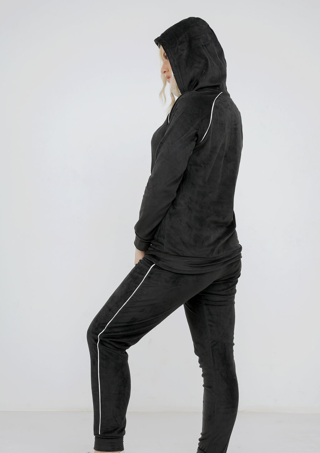 Black Heidi pajamas with plain double-sided lining and thin white stripe and hood