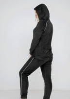Black Heidi pajamas with plain double-sided lining and thin white stripe and hood