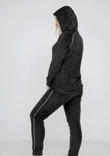 Load image into Gallery viewer, Black Heidi pajamas with plain double-sided lining and thin white stripe and hood