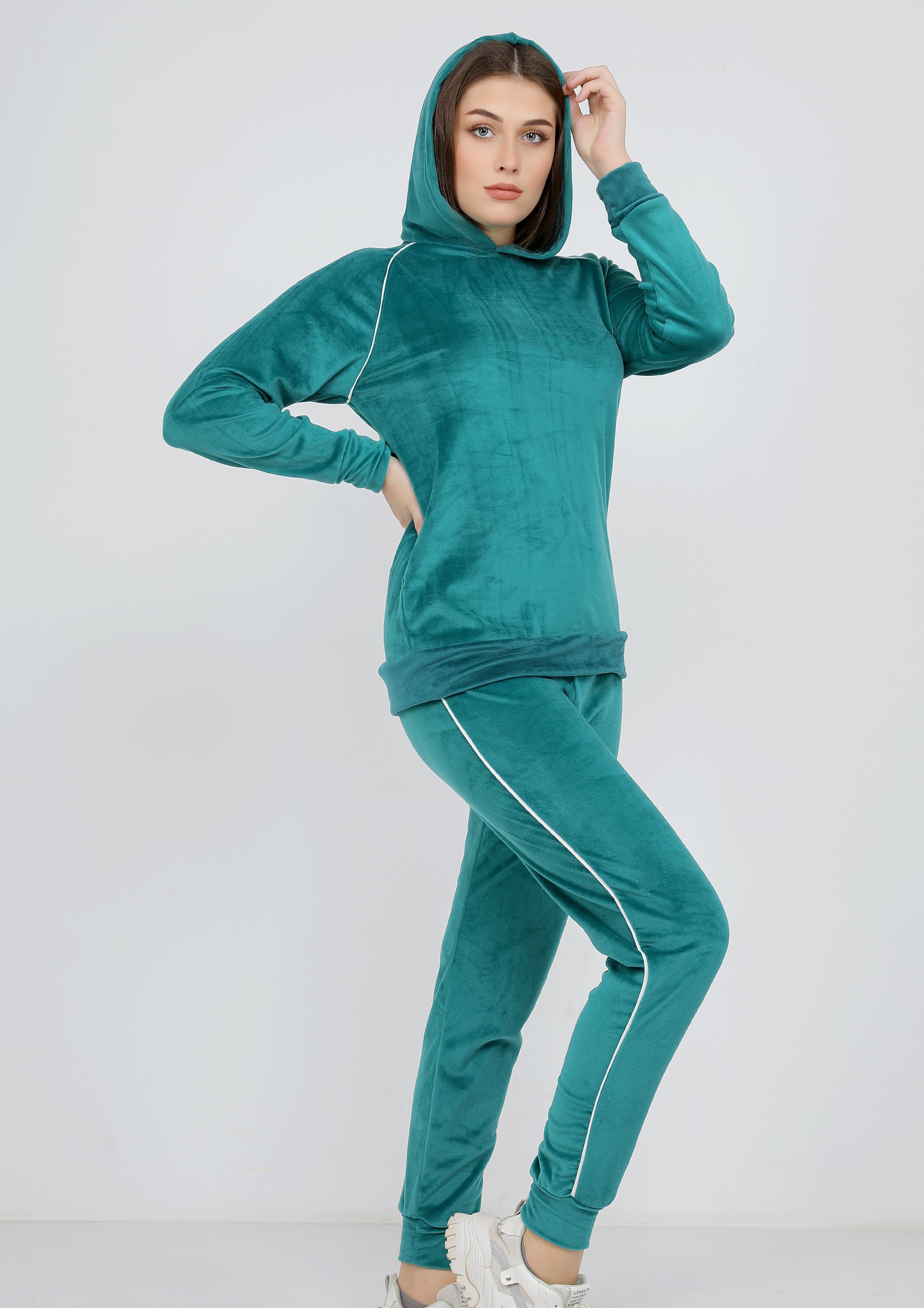 Petrol Heidi pajamas with plain double-sided lining and thin white stripe and hood