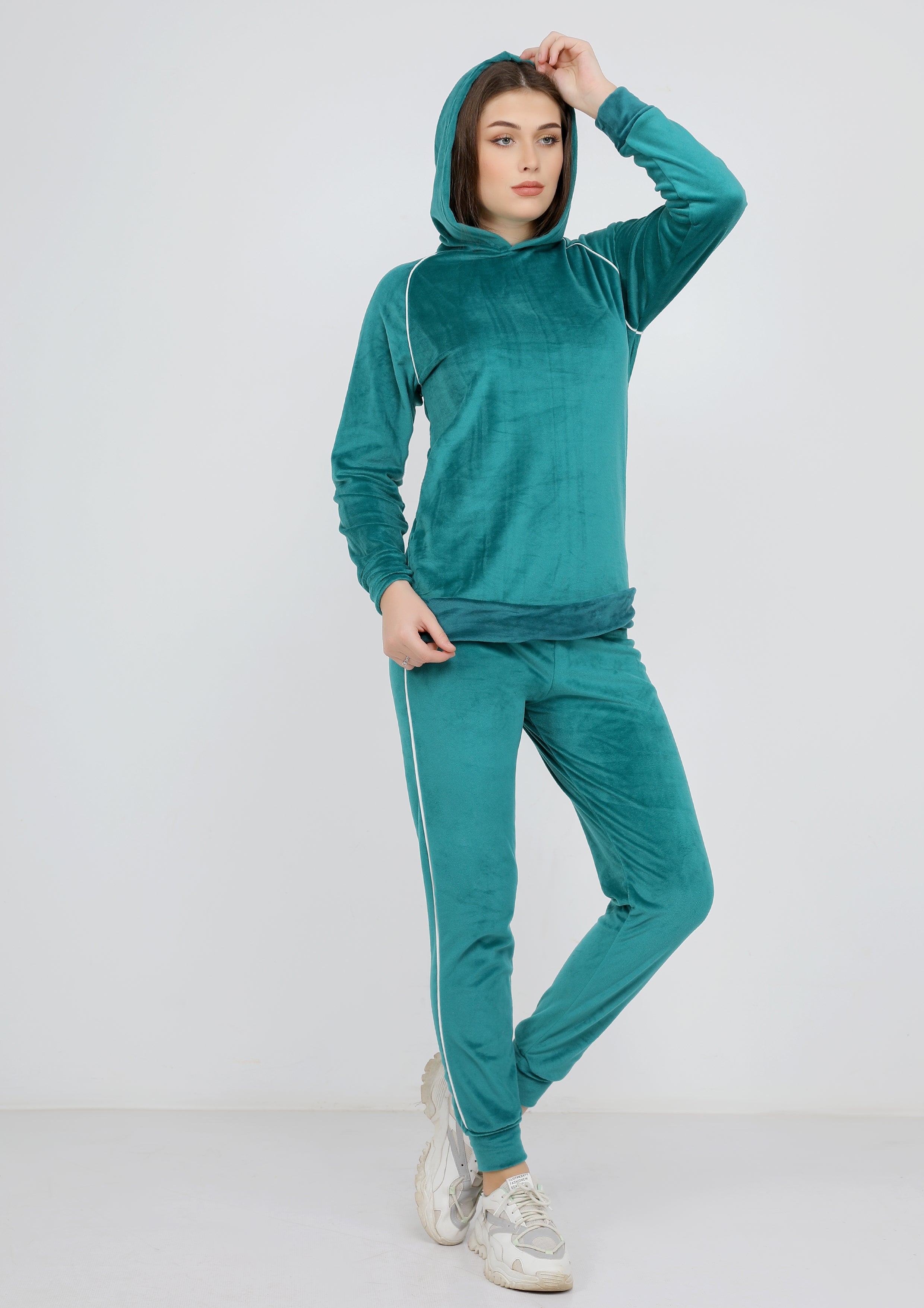Petrol Heidi pajamas with plain double-sided lining and thin white stripe and hood