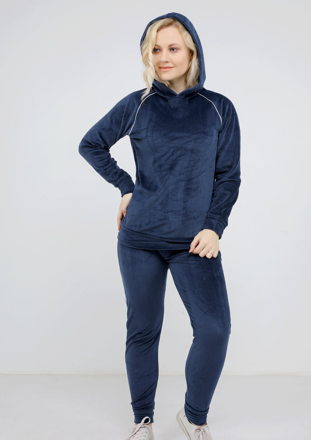 Blue navy Heidi pajamas with plain double-sided lining and thin white stripe and hood