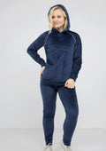 Blue navy Heidi pajamas with plain double-sided lining and thin white stripe and hood