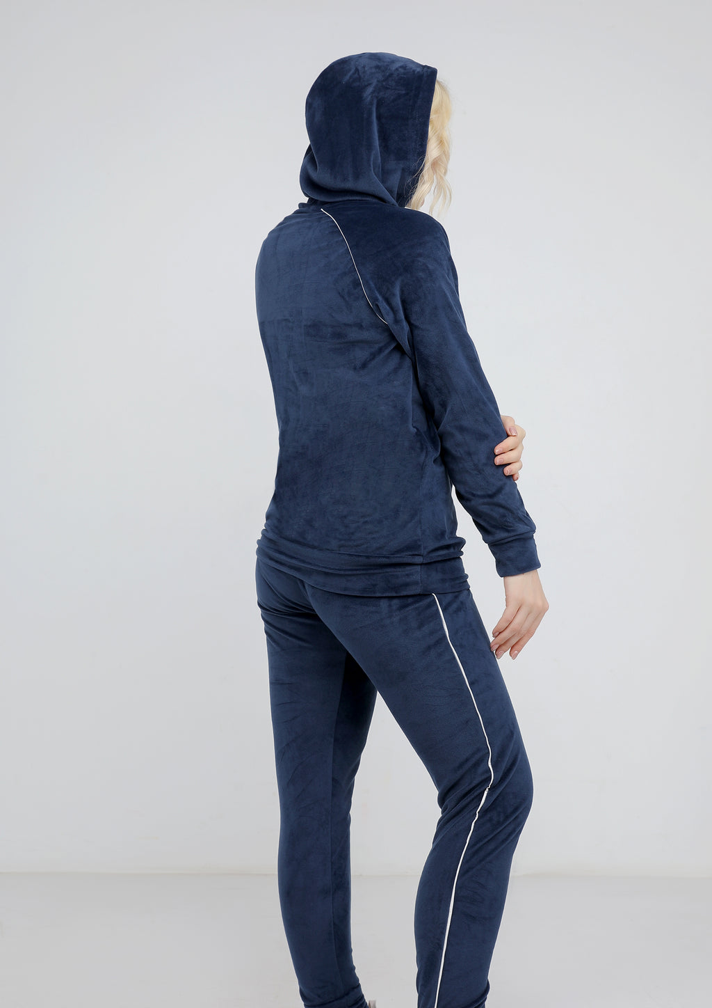 Blue navy Heidi pajamas with plain double-sided lining and thin white stripe and hood