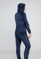 Blue navy Heidi pajamas with plain double-sided lining and thin white stripe and hood