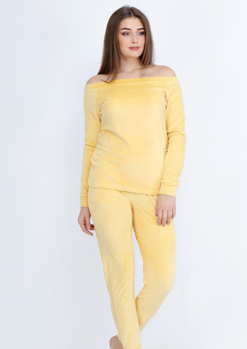 Plain yellow Heidi pajamas with lining on both sides and bare shoulders