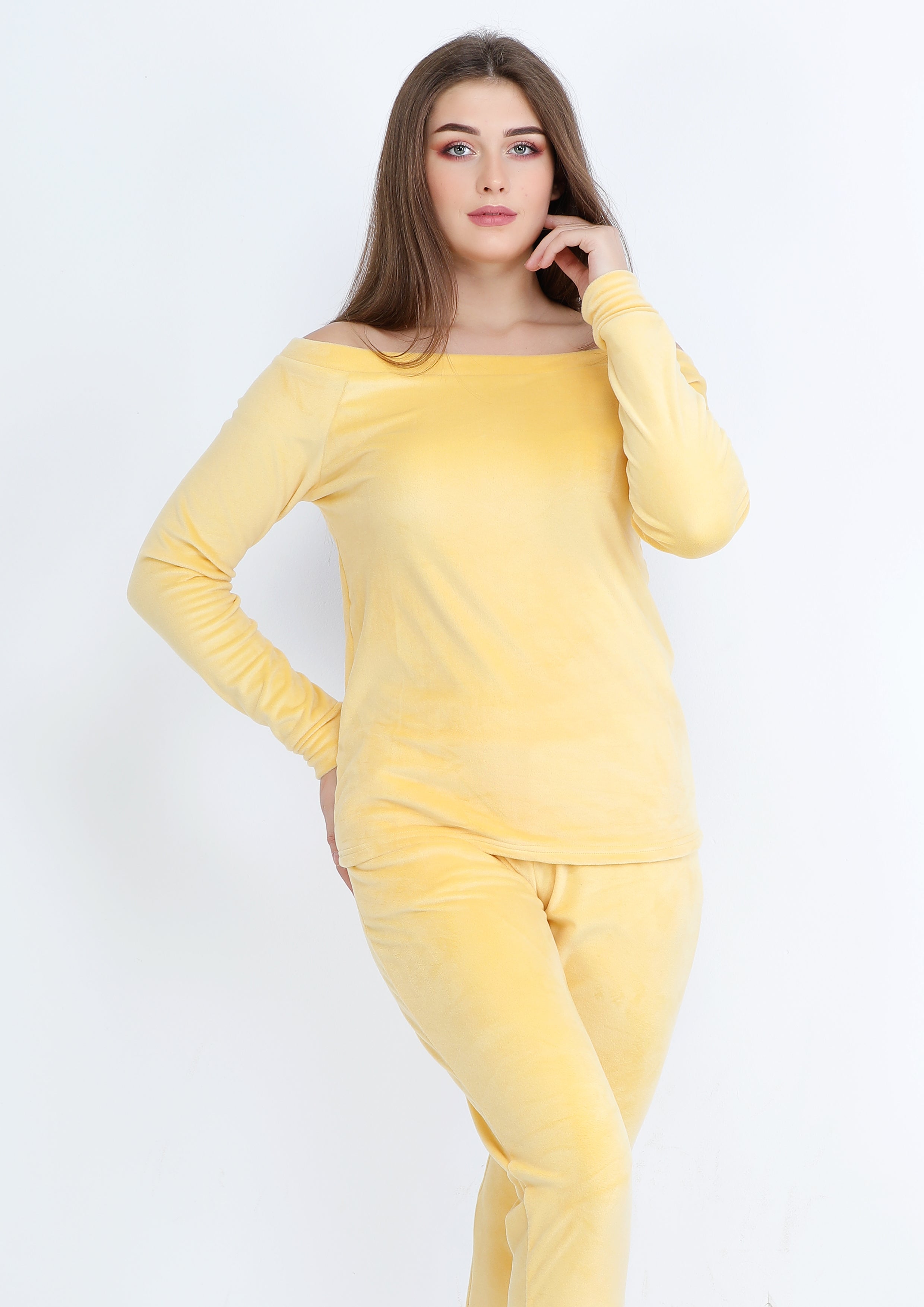 Pyjama heidi jaune uni à doublure des deux faces à épaules dénudées