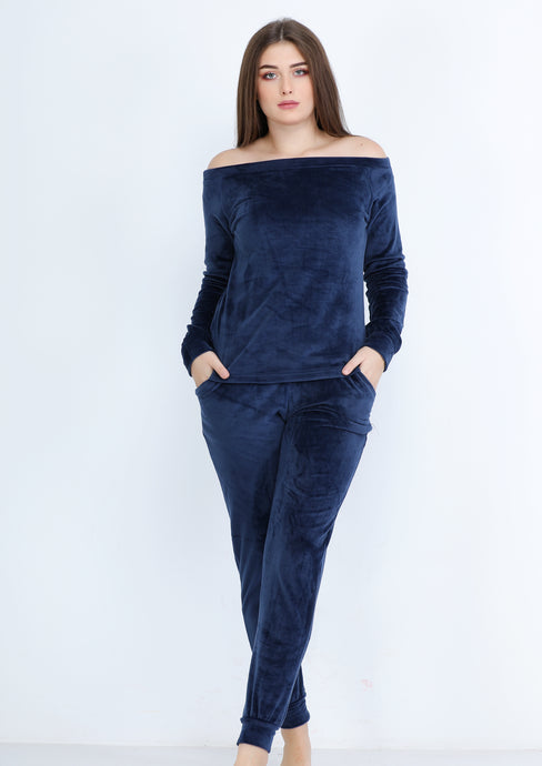 Plain blue navy Heidi pajamas with lining on both sides and bare shoulders